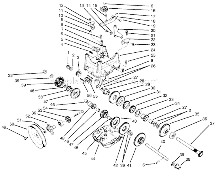 Transmission Assembly Diagram and Parts List for 38540 6900001-6999999 - 1996 Toro Snow Blower