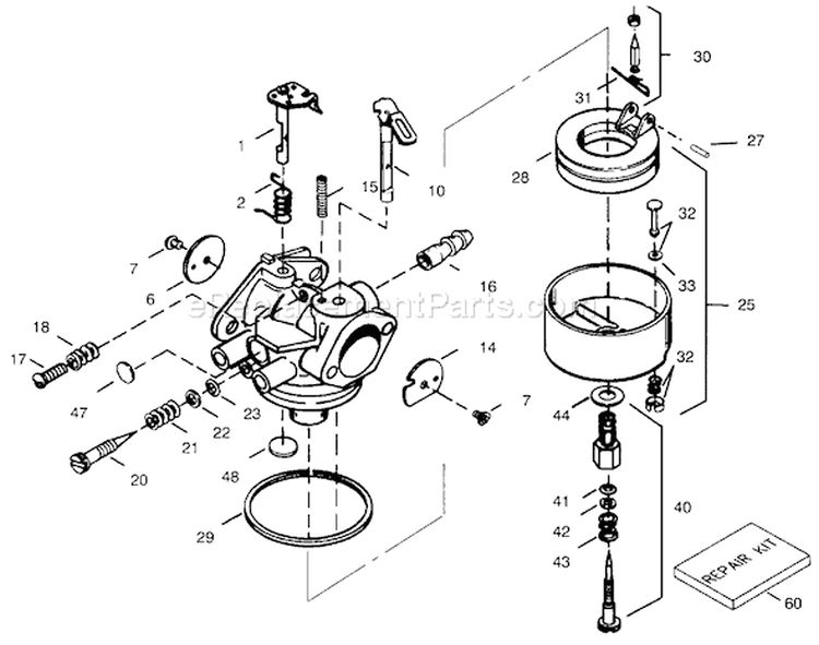 Carburetor Diagram and Parts List for 38540 6900001-6999999 - 1996 Toro Snow Blower