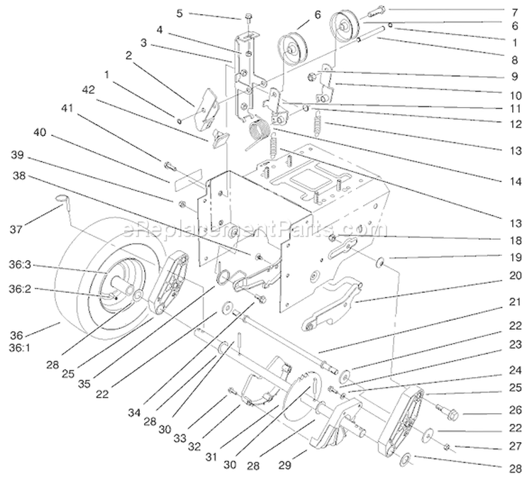Traction Drive Assembly Diagram and Parts List for 38546 99000001-99999999 - 1999 Toro Snow Blower