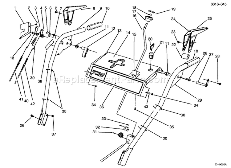 Handle Assembly Diagram and Parts List for 38555 59000001-59999999 - 1995 Toro Snow Blower