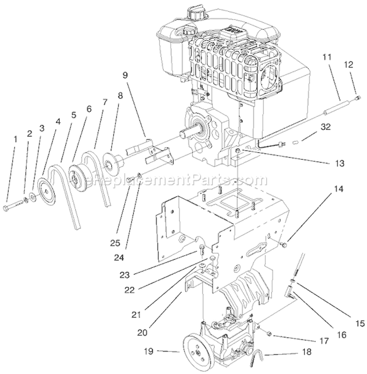 Engine & Transmission Drive Assembly Diagram and Parts List for 38558 99000001-99999999 - 1999 Toro Snow Blower
