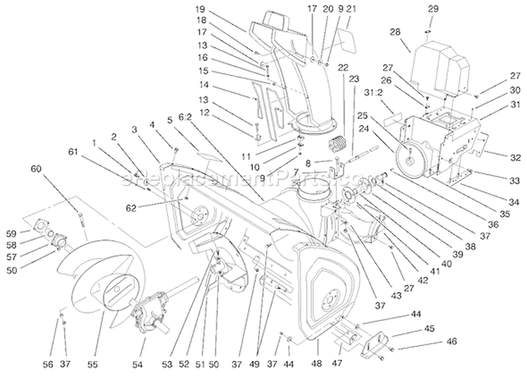 Housing And Engine Frame Assembly Diagram and Parts List for 38560 200000001-200999999 - 2000 Toro Snow Blower