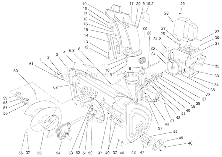 Housing And Engine Frame Assembly Diagram and Parts List for 38559 220000001-220999999 - 2002 Toro Snow Blower