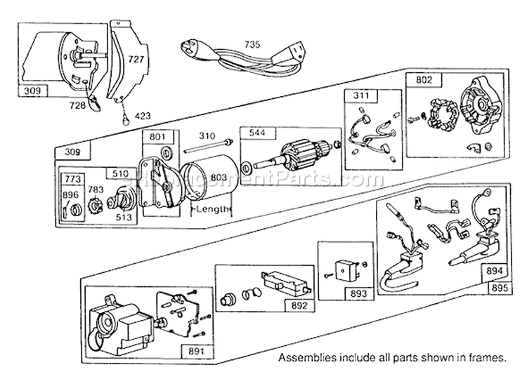 Starter Motor Diagram and Parts List for 38570 0000001-0999999 - 1990 Toro Snow Blower
