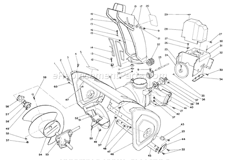 Housing & Chute Assembly Diagram and Parts List for 38570 0000001-0999999 - 1990 Toro Snow Blower