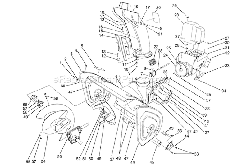 Housing & Chute Assembly Diagram and Parts List for 38570 1000001-1999999 - 1991 Toro Snow Blower