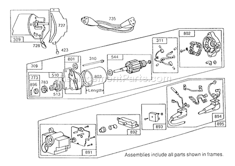 Starter Motor Diagram and Parts List for 38570 3900001-3999999 - 1993 Toro Snow Blower