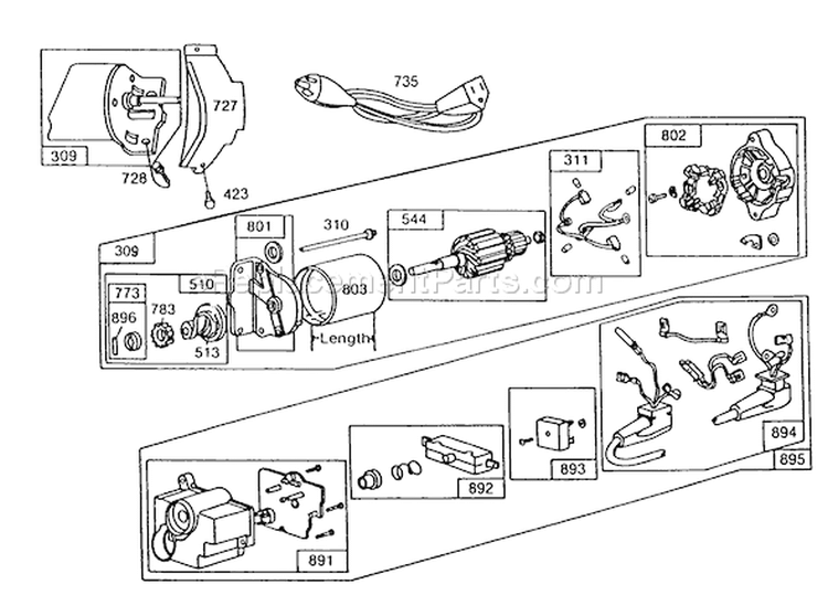 Starter Motor Diagram and Parts List for 38570 8000001-8999999 - 1988 Toro Snow Blower