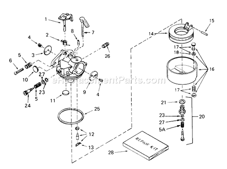 Carburetor Diagram and Parts List for 38574 0000001-0999999 - 1990 Toro Snow Blower