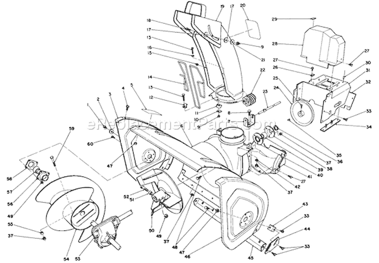 Housing & Chute Assembly Diagram and Parts List for 38574 0000001-0999999 - 1990 Toro Snow Blower