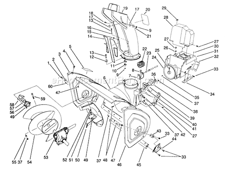 Housing & Chute Assembly Diagram and Parts List for 38574 1000001-1999999 - 1991 Toro Snow Blower