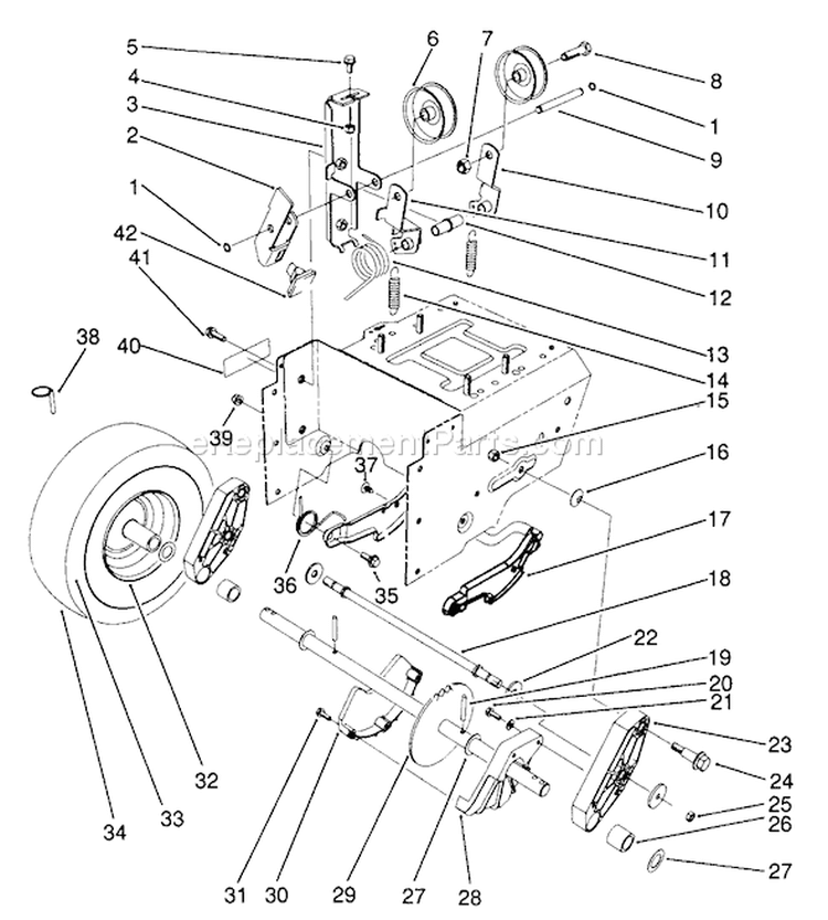 Traction Drive Assembly Diagram and Parts List for 38566 1000001-1999999 - 1991 Toro Snow Blower