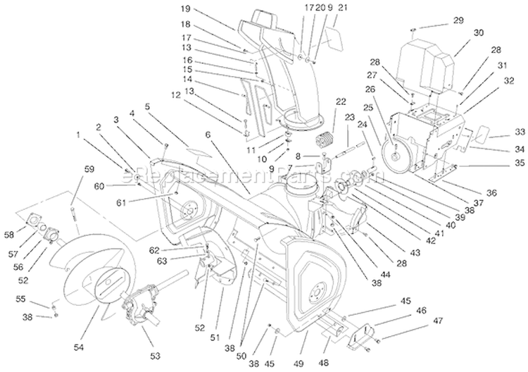 Housing Assembly Diagram and Parts List for 38590 9900001-9999999 - 1999 Toro Snow Blower