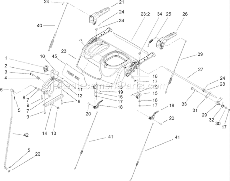 Handle and Control Assembly Diagram and Parts List for 38630 250010001-250999999 - 2005 Toro Snow Blower