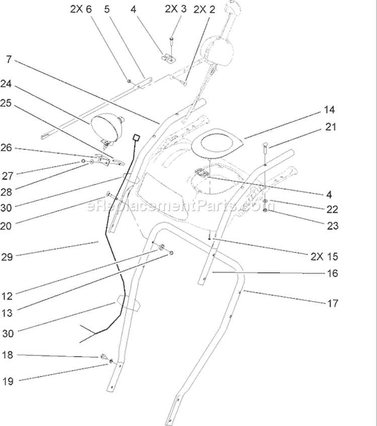 Headlamp, Handle and Control Assembly Diagram and Parts List for 38632 240000001-240999999 - 2004 Toro Snow Blower