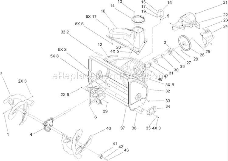 Auger and Housing Assembly Diagram and Parts List for 38630 250010001-250999999 - 2005 Toro Snow Blower