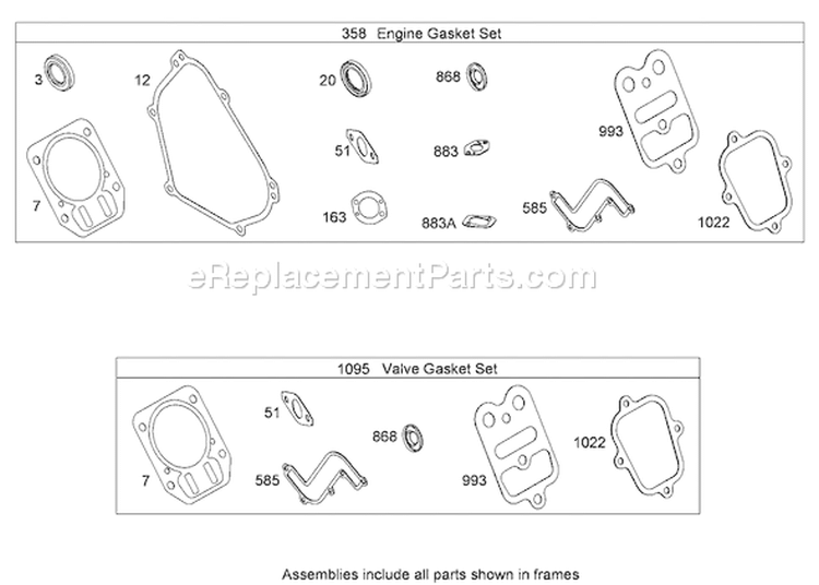 Engine and Valve Gasket Sets Diagram and Parts List for 38629C 290000001-290999999 - 2009 Toro Snow Blower