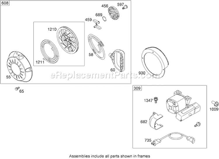 Rewind Starter and Starter Motor Assembly Diagram and Parts List for 38629C 290000001-290999999 - 2009 Toro Snow Blower