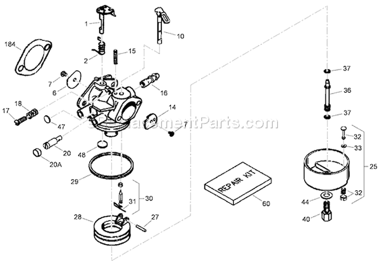Carburetor Diagram and Parts List for 38640 290000001-290999999 - 2009 Toro Snow Blower