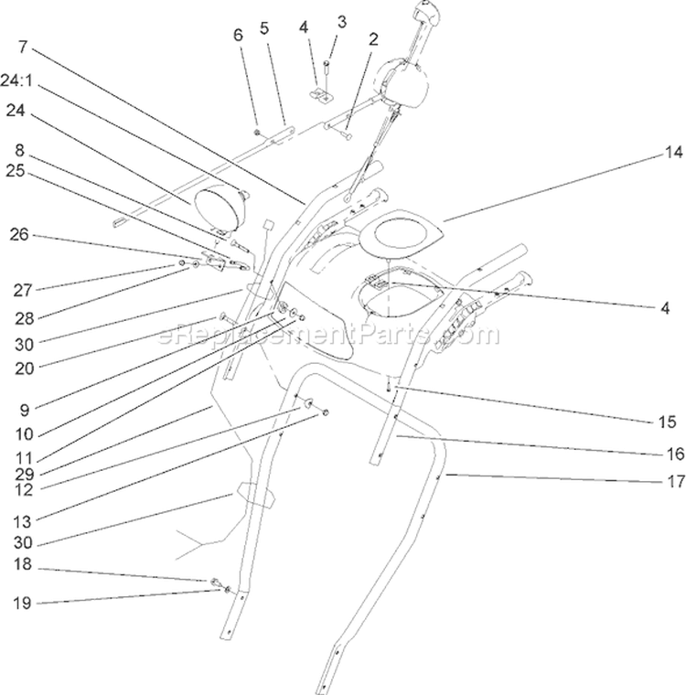 Handle and Control Assembly Diagram and Parts List for 38641 250000001-250999999 - 2005 Toro Snow Blower