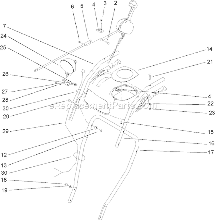 Handle and Control Assembly Diagram and Parts List for 38645 240000001-240999999 - 2004 Toro Snow Blower