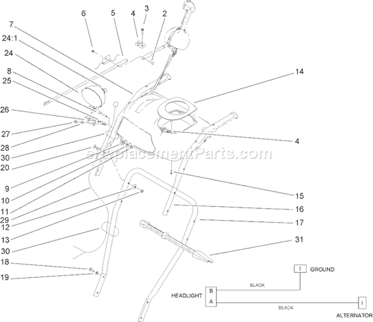 Handle and Control Assembly Diagram and Parts List for 38650 280000001-280999999 - 2008 Toro Snow Blower