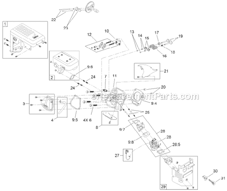 Muffler Cylinderhead and Carburetor Engine Diagram and Parts List for 38661 312000001-312999999 - 2012 Toro Snow Blower