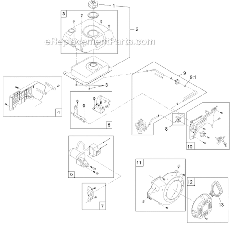 Fuel Tank and Recoil Engine Diagram and Parts List for 38661 312000001-312999999 - 2012 Toro Snow Blower