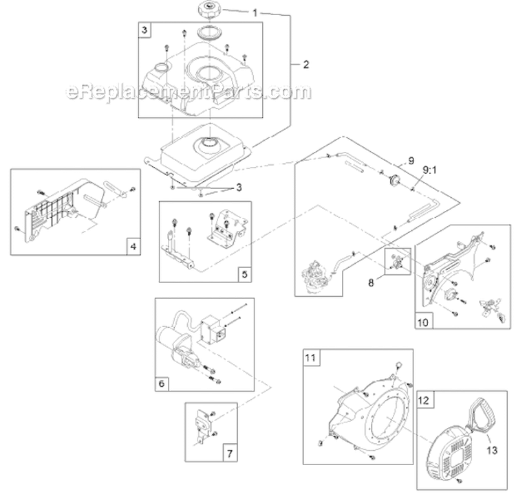 Fuel Tank and Recoil Engine Diagram and Parts List for 38663 312000001-312999999 - 2012 Toro Snow Blower