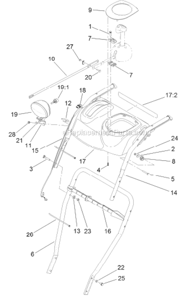 Lower Handle and Headlamp Diagram and Parts List for 38664 313000001-313999999 - 2013 Toro Snow Blower