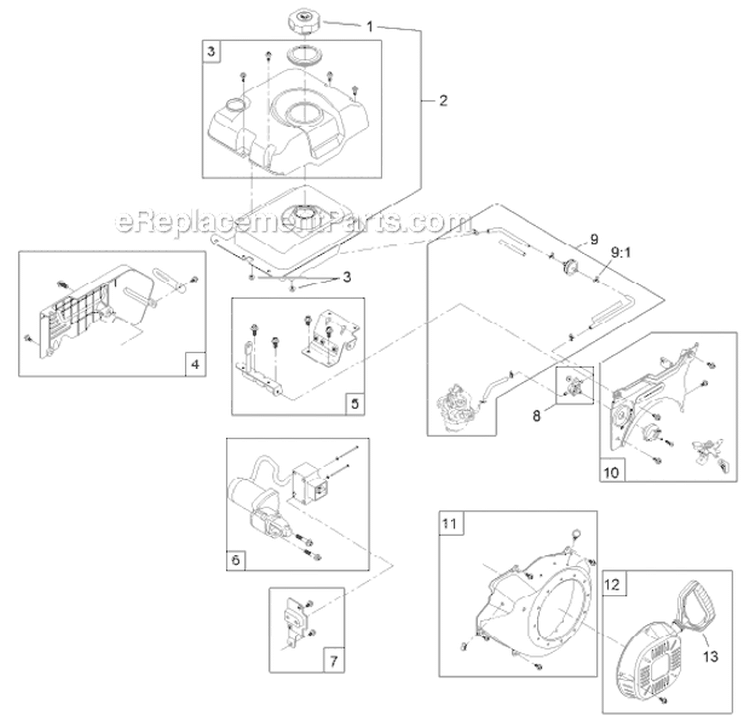 Fuel Tank and Recoil Engine Diagram and Parts List for 38664 313000001-313999999 - 2013 Toro Snow Blower