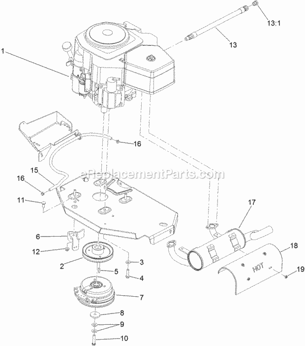 Engine, Clutch And Muffler Assembly Diagram and Parts List for 74903CP 311000001-311999999 Toro Lawn Mower