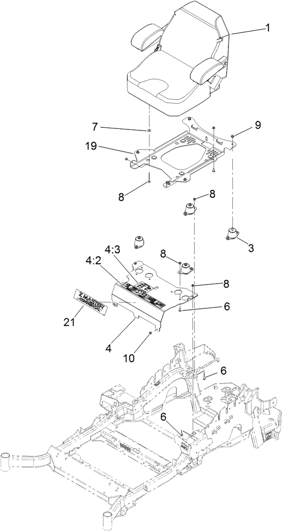 Seat Mounting Assembly Diagram and Parts List for 74901 (311000001-311999999)(2011) Toro Lawn Mower