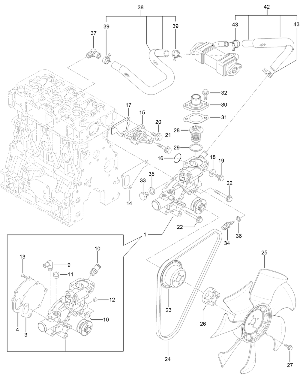 Cooling Water System Assembly Diagram and Parts List for 25403 400000000 - 401399999 Toro Lawn Tractor Accessories