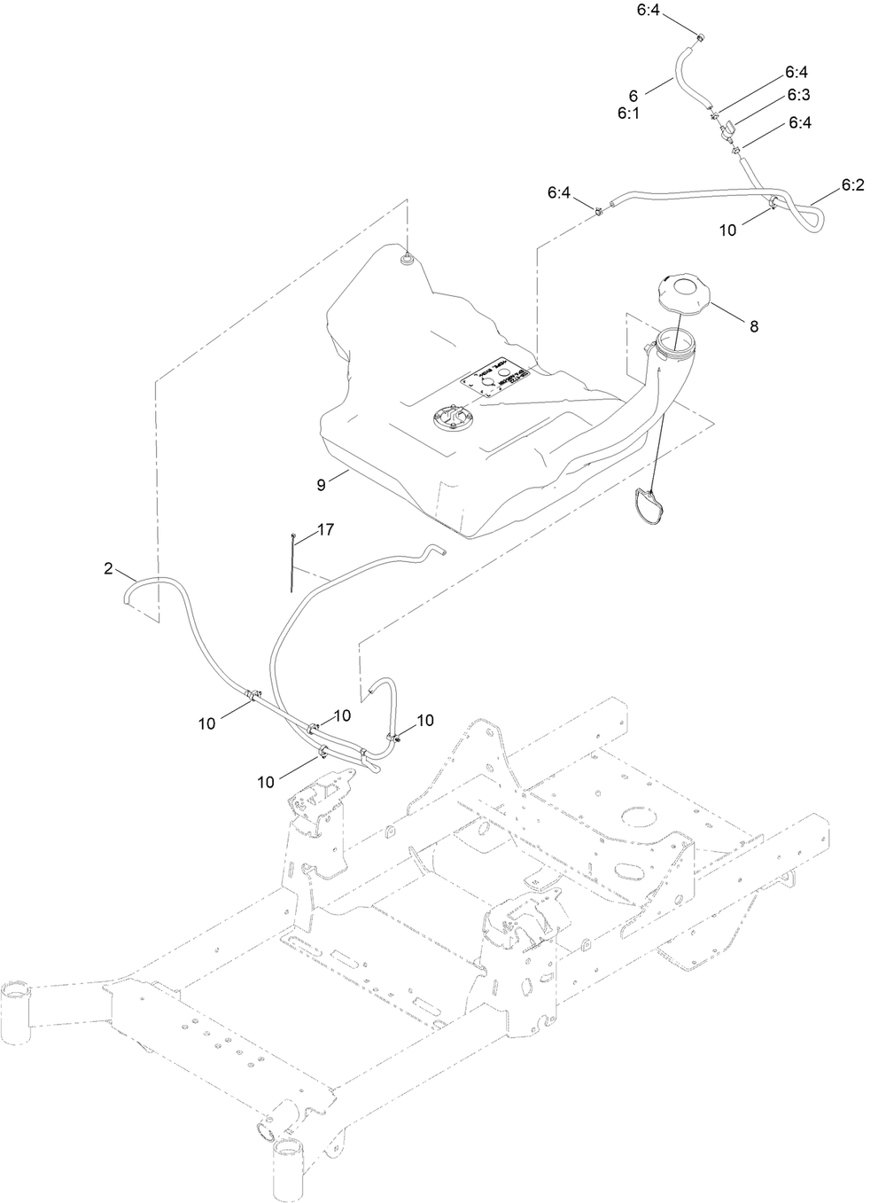 Fuel Tank And Vent Hose System Assembly Diagram and Parts List for 76602 400000000 - 412999999 Toro Lawn Tractor