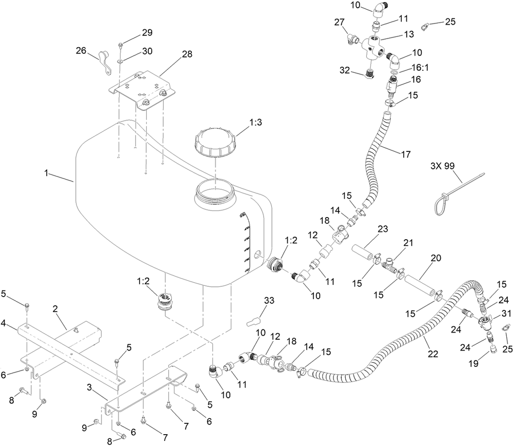 30 Gallon Auxiliary Tank Kit Assembly No. 146-0600 Diagram and Parts List for 146-0600  Toro Sprayer