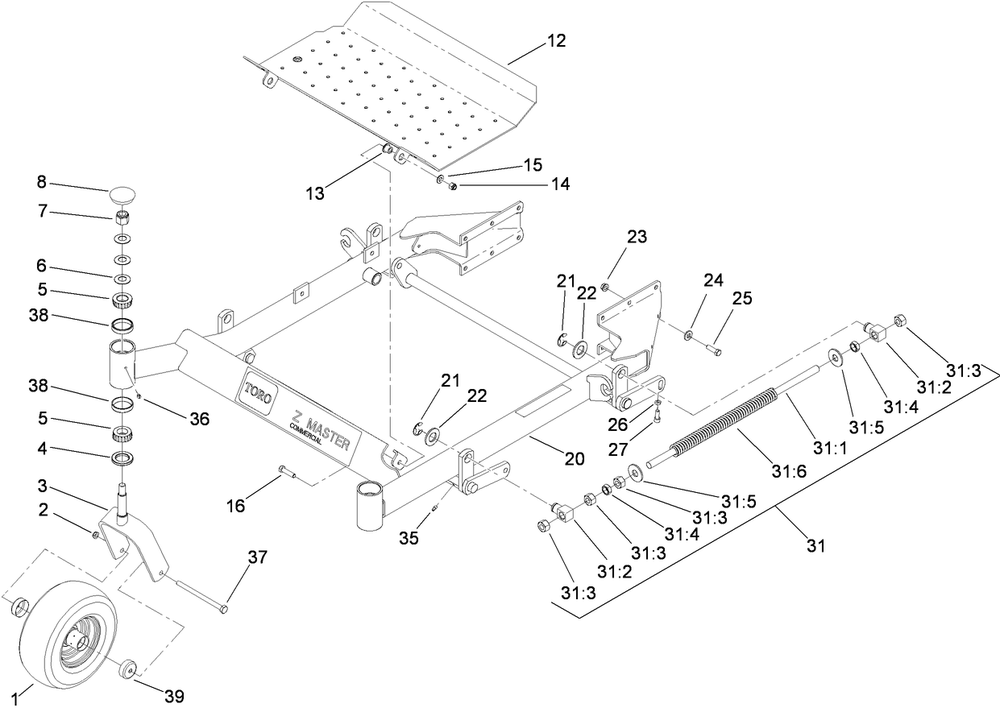 Front Frame And Caster Wheel Assembly Diagram and Parts List for 74448 (290000001-290999999)(2009) Toro Lawn Mower