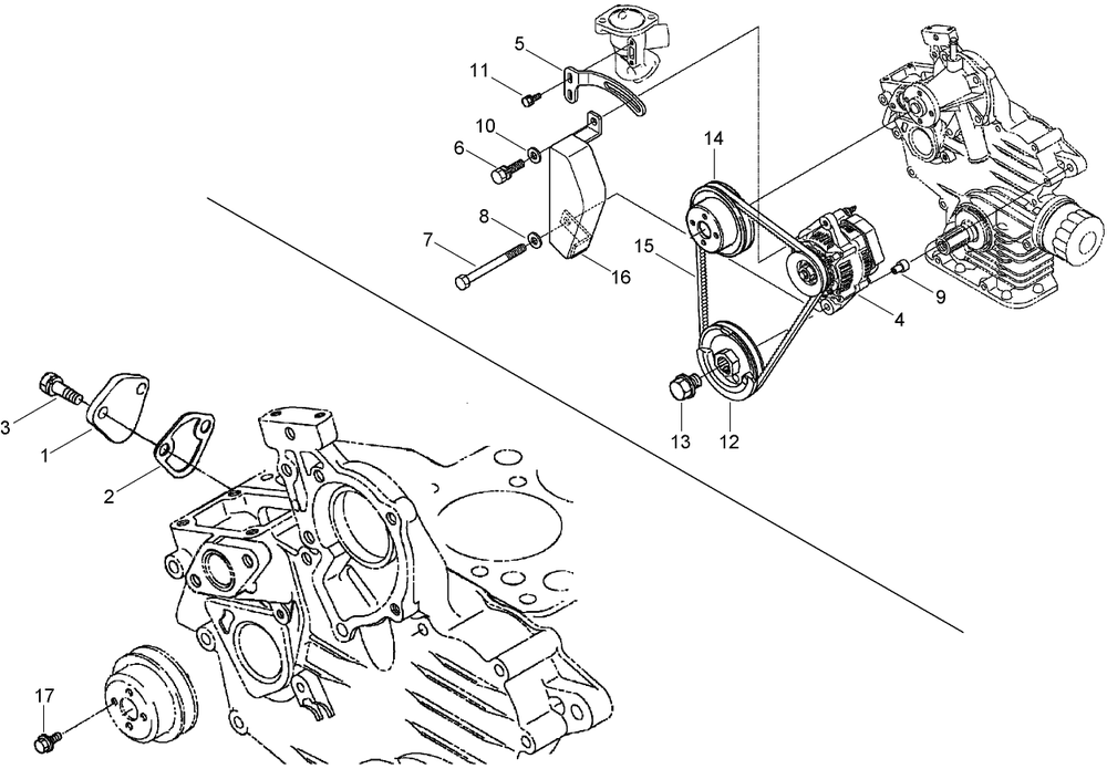 Alternator, Pulley And Fuel Pump Cover Assembly Diagram and Parts List for 74265TE (270000001-270999999)(2007) Toro Lawn Mower