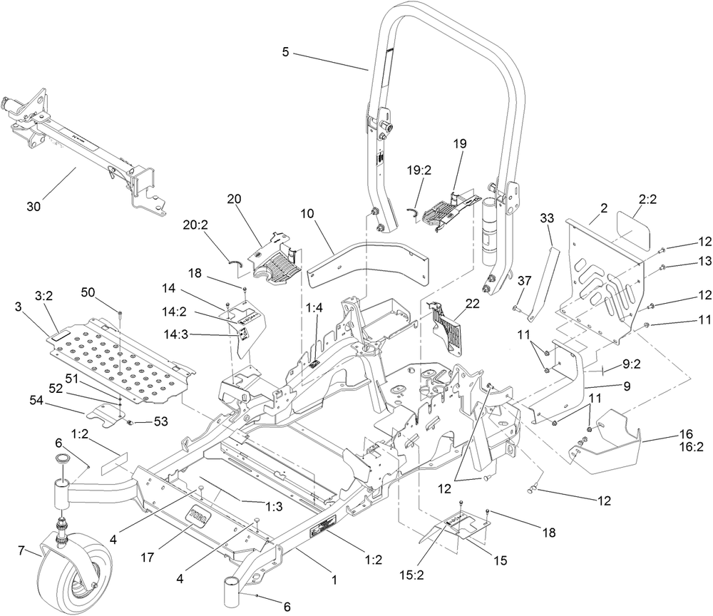 Front Frame, Caster Whee And Z Stand Assembly Diagram and Parts List for 74923TE (311000001-311999999)(2011) Toro Lawn Mower