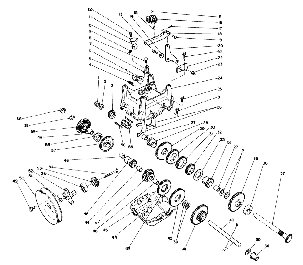 Transmission Assembly No. 66-8030 Diagram and Parts List for 38555 3900001 - 3999999 Toro Snow Blower
