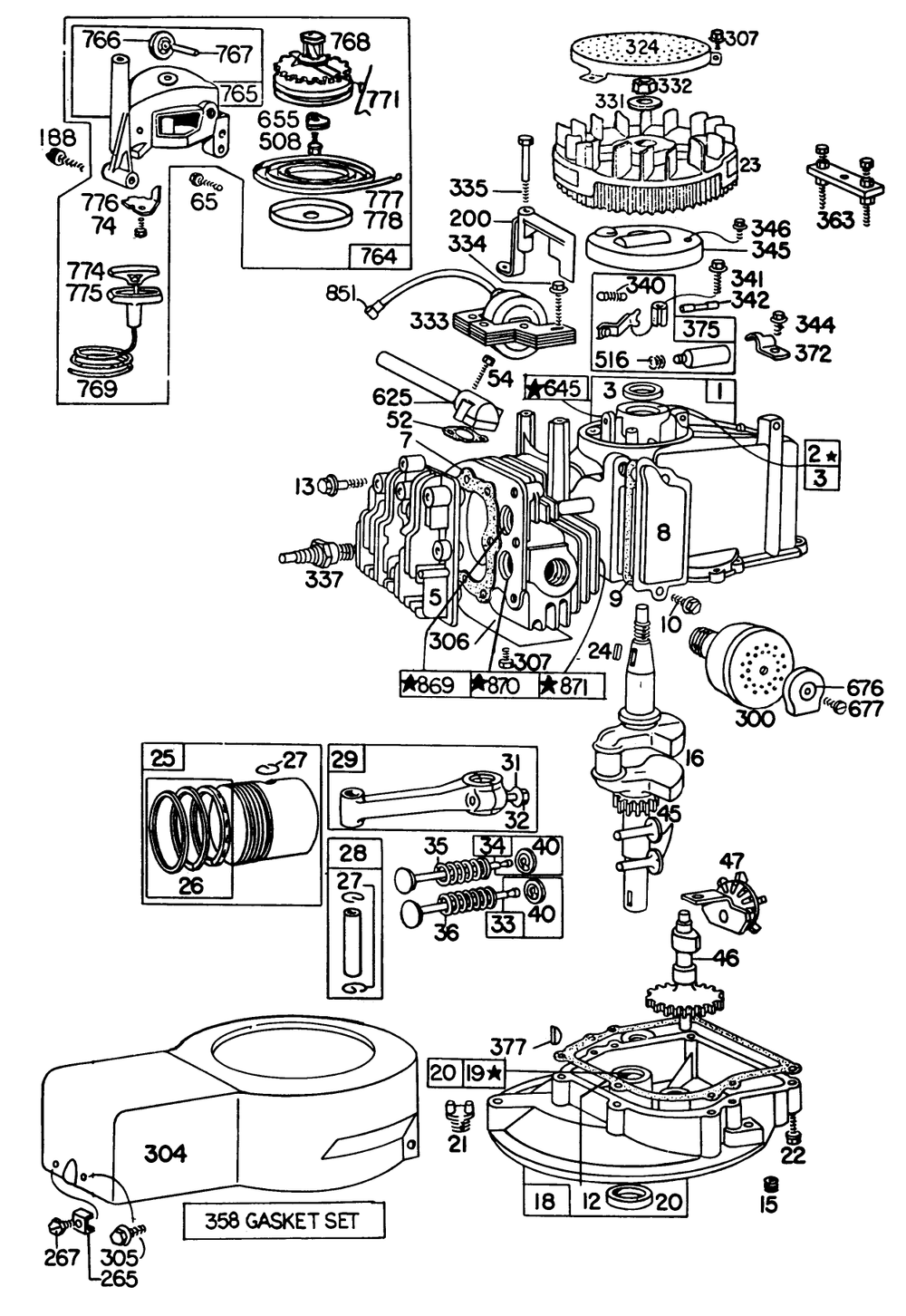 Engine Briggs & Stratton Model 92508-1000-04 Diagram and Parts List for 16360 0000001 - 0999999 Toro Lawn Mower