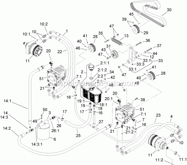 Hydraulic System Assembly Diagram and Parts List for 74262TE 260000001-260999999 Toro Lawn Mower