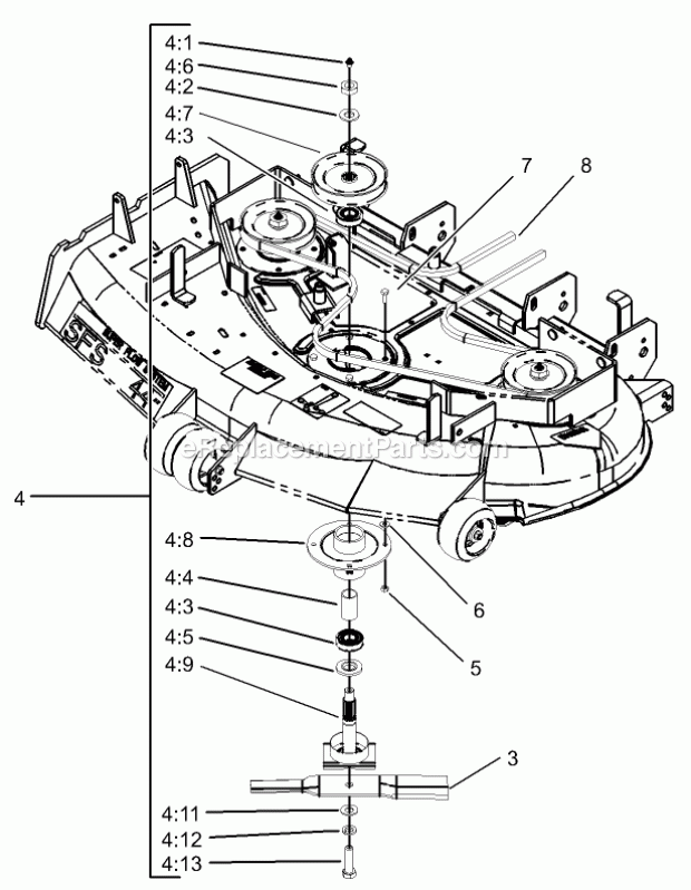 Deck Spindle Assembly Diagram and Parts List for 74177 230007001-230999999 Toro Lawn Mower