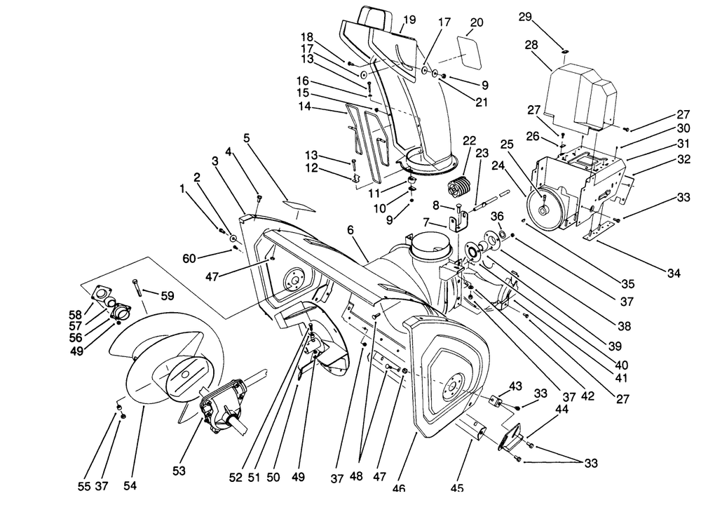 Housing & Chute Assembly Diagram and Parts List for 38570 1000001 - 1999999 Toro Snow Blower