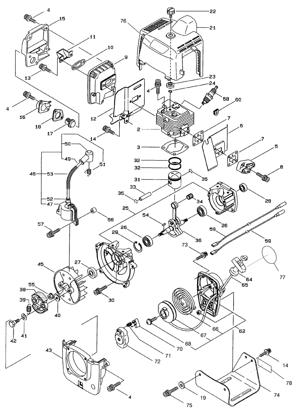 Engine Assembly Diagram and Parts List for 53021 900001 - 999999 Toro Trimmer