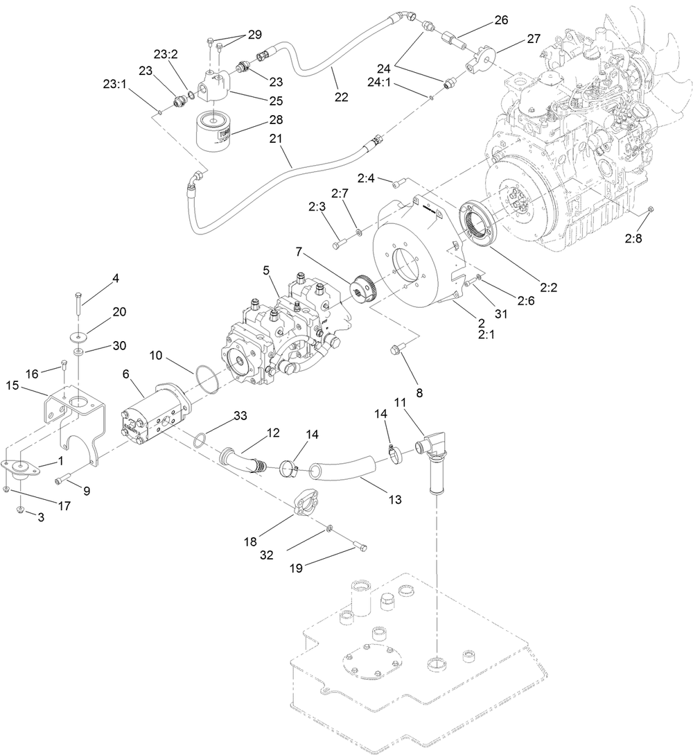 Tandem Pump And Gear Pump Assembly Diagram and Parts List for 22328HD 401321135 - 401999999 Toro Lawn Tractor Accessories