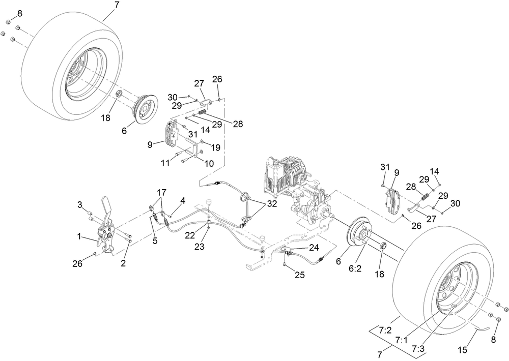 Rear Wheel And Park Brake Assembly Diagram and Parts List for 74923TE (313000001-313999999)(2013) Toro Lawn Mower