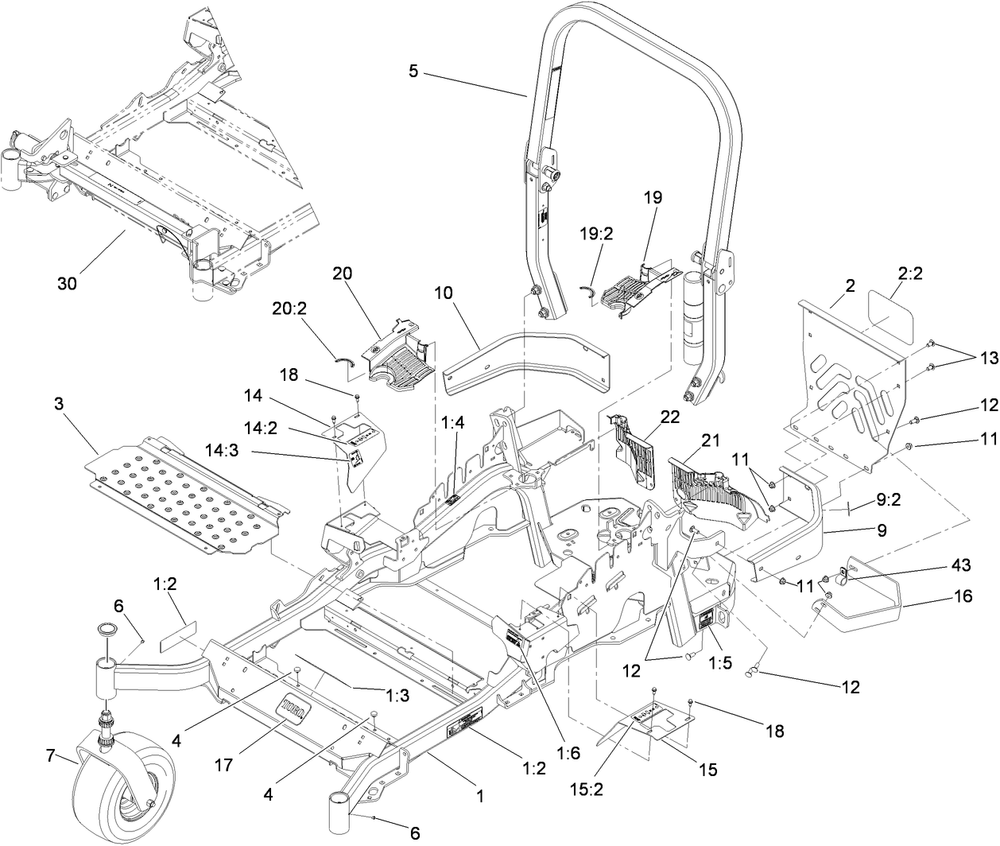 Front Frame, Caster Wheel And Z Stand Assembly Diagram and Parts List for 74965CP (310000001-310999999)(2010) Toro Lawn Mower