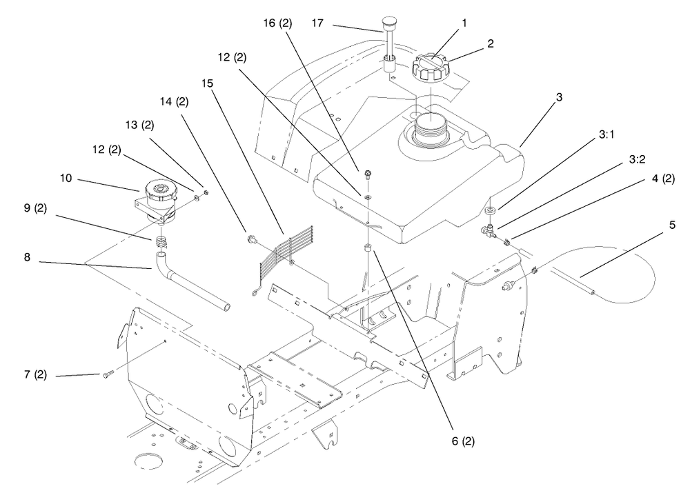 Fuel Tank And Hydro Reservoir Diagram and Parts List for 72102 8900001 - 8900399 Toro Lawn Tractor