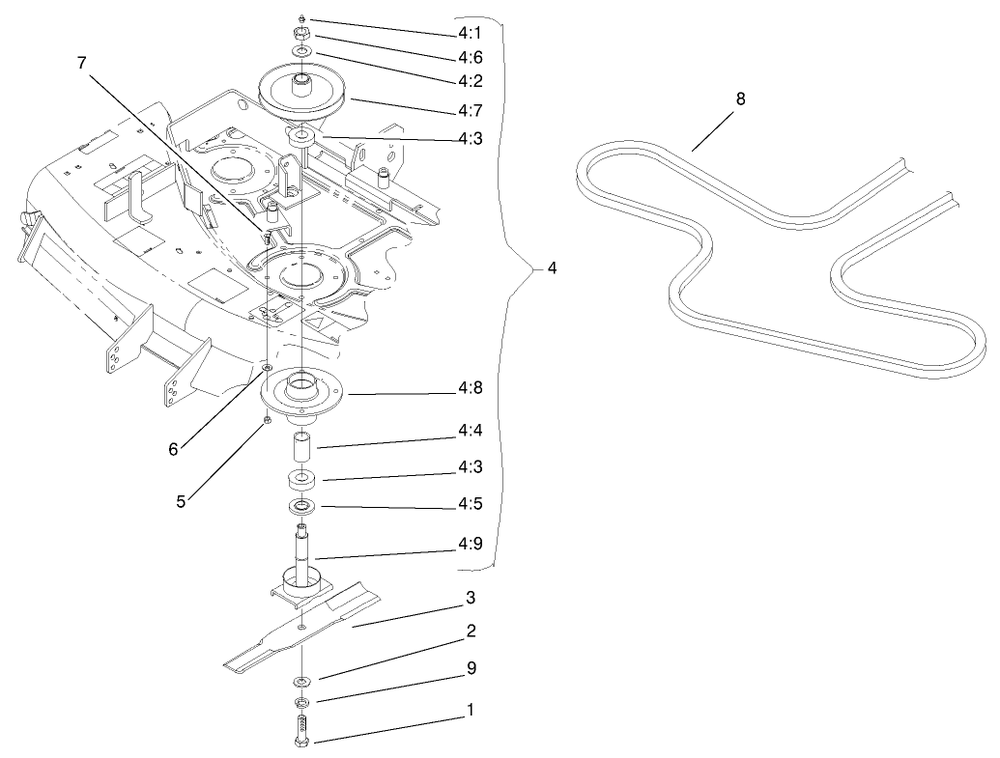 Blade, Spindle And Belt Assembly Diagram and Parts List for 74171 (200000001-200999999)(2000) Toro Lawn Mower
